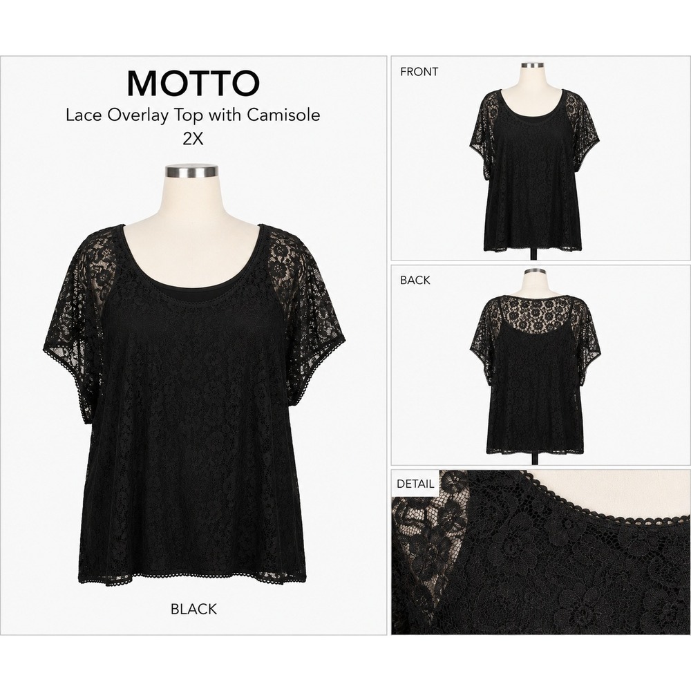 Motto Black Lace Overlay Top with Camisole 2X‎ Plus Size Short Sleeve Scoop Neck